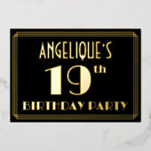19th Birthday Party:アールデコ「19」、名前つき 箔招待状 (正面)