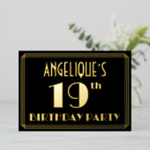 19th Birthday Party:アールデコ「19」、名前つき 箔招待状 (立ち正面)