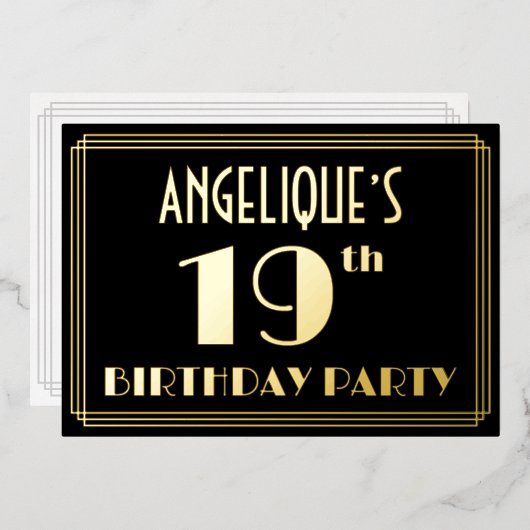 19th Birthday Party:アールデコ「19」、名前つき 箔招待状 (正面/裏面)