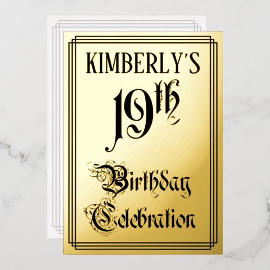 19th Birthday Party – スクリプエレガントト+名前をカスタムする 箔招待状 (正面/裏面)