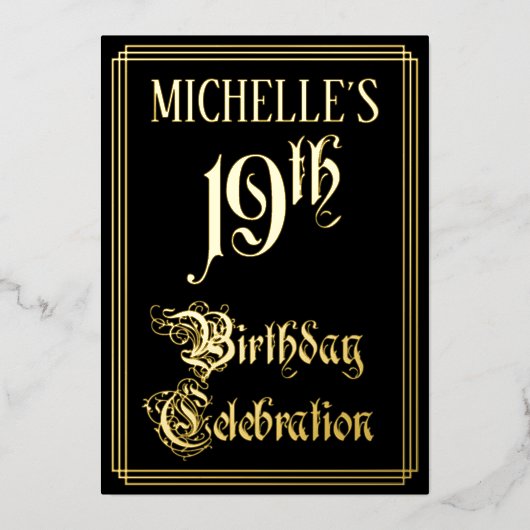 19th Birthday Party – スクリプファンシート&名前をカスタムする 箔招待状 (正面)