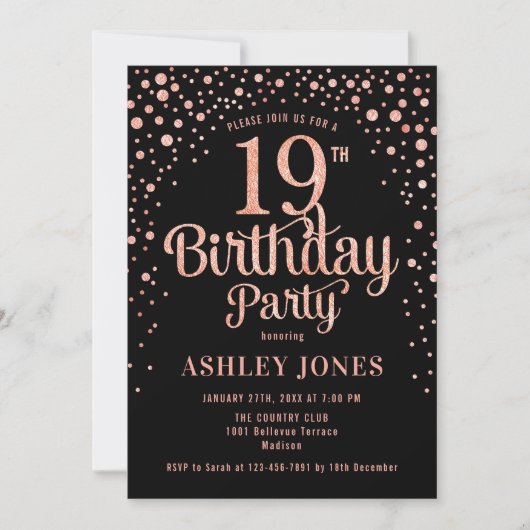 19th Birthday Party – ブラック&バラ金ゴールド 招待状 (正面)