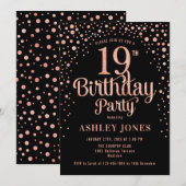 19th Birthday Party – ブラック&バラ金ゴールド 招待状 (正面/裏面)