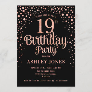 19th Birthday Party – ブラック&バラ金ゴールド 招待状