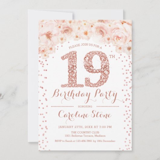 19th Birthday Party – ホワイトローズ金ゴールド 招待状 (正面)
