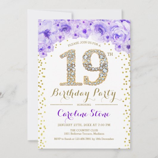 19th Birthday Party – ホワイト金ゴールドパープル 招待状 (正面)