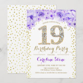 19th Birthday Party – ホワイト金ゴールドパープル 招待状 (正面/裏面)