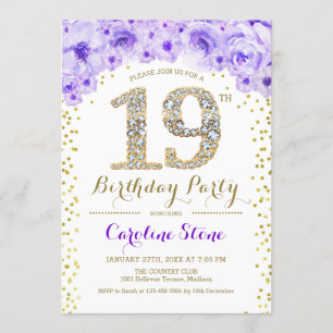 19th Birthday Party – ホワイト金ゴールドパープル 招待状