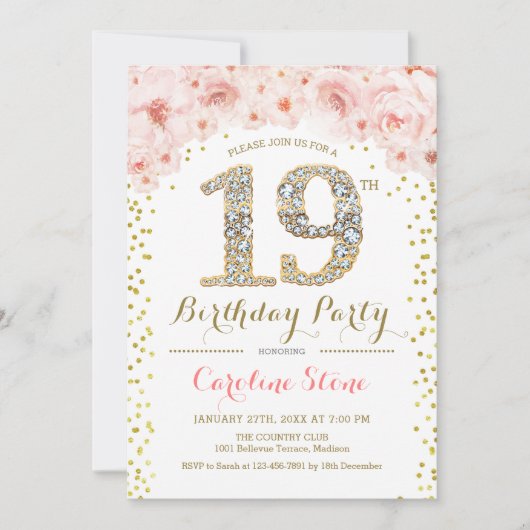 19th Birthday Party – ホワイト金ゴールドピンク 招待状 (正面)