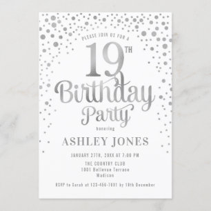 19th Birthday Party – ホワイト&シルバー 招待状