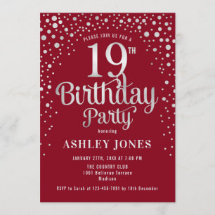 19th Birthday Party – レッド&シルバー 招待状