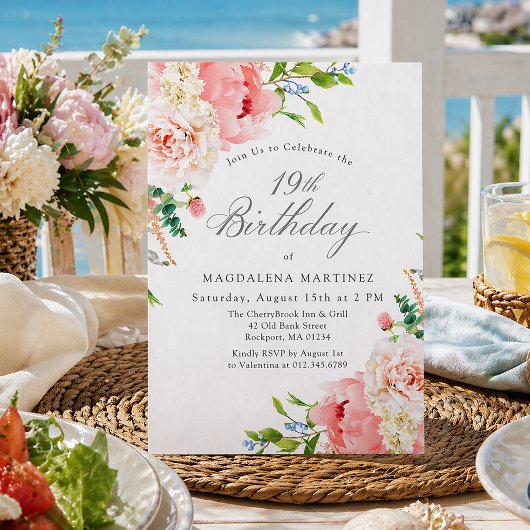 19th Birthday Party Feminine Pink Roses Floral Inv 招待状