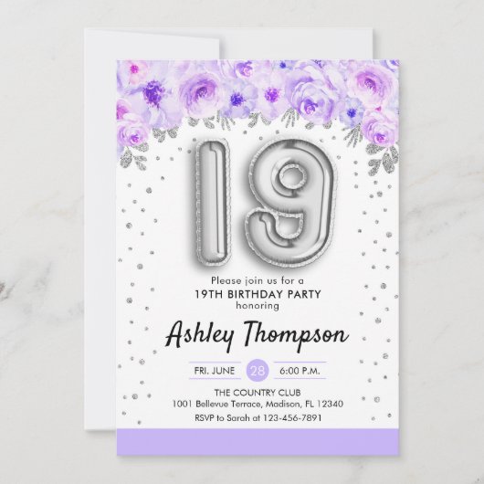 19th Birthday Party - Silver Balloons Lavender 招待状 (正面)