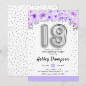19th Birthday Party - Silver Balloons Lavender 招待状 (正面/裏面)