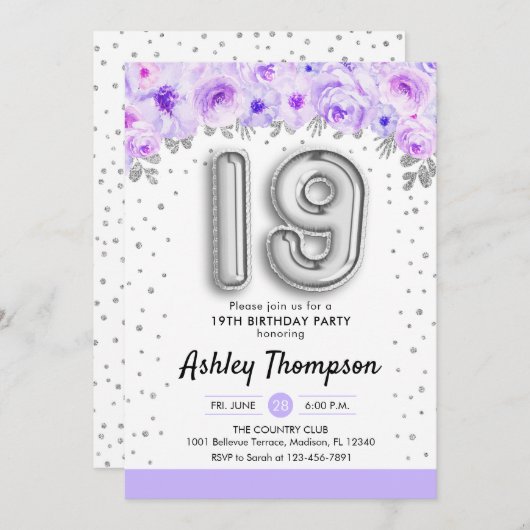 19th Birthday Party - Silver Balloons Lavender 招待状 (正面/裏面)