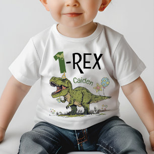 1-レックスかわいい恐竜テーマ1st誕生日パーティー名 ベビーTシャツ
