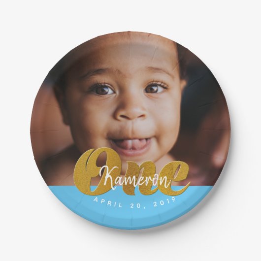 1|金ゴールドきらめく|最初の誕生日の写真 ペーパープレート (正面)