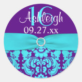 1.5インチパープル、ターコイズダマスクスウィート16ステッカー ラウンドシール (正面)