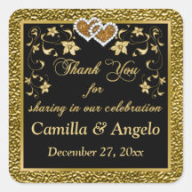 1.5インチ平方金ゴールド、ブラックフローラ、ハート優先ステッカー