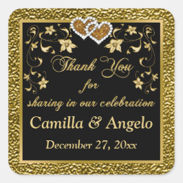 1.5インチ平方金ゴールド、ブラックフローラ、ハート優先ステッカー スクエアシール