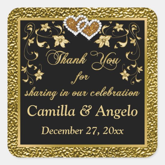 1.5インチ平方金ゴールド、ブラックフローラ、ハート優先ステッカー スクエアシール (正面)