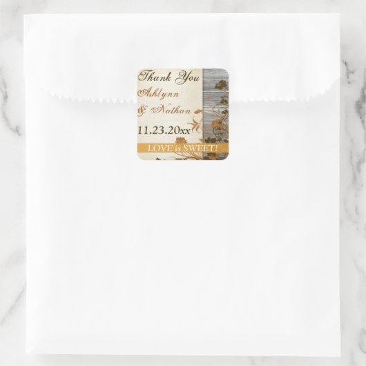 1.5インチ秋の花、木の結婚式の引き出物ありがとう スクエアシール (バッグ)