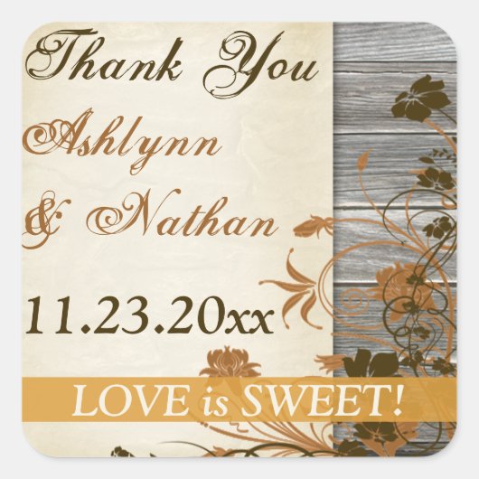 1.5インチ秋の花、木の結婚式の引き出物ありがとう スクエアシール (正面)