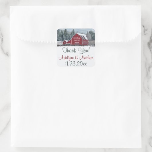 1.5インチ赤い納屋で冬の結婚式をお願い スクエアシール (バッグ)