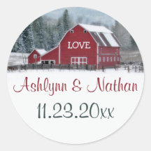 1.5インチ赤い納屋の冬の結婚式の好意ステッカー