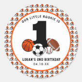 1 Ball スポーツ テーマ 男の子用 1歳の誕生日 ラウンドシール (正面)