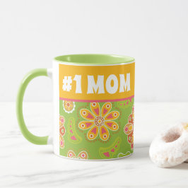 #1 MOM -レトロ花緑イエローナンバーワンママ マグカップ