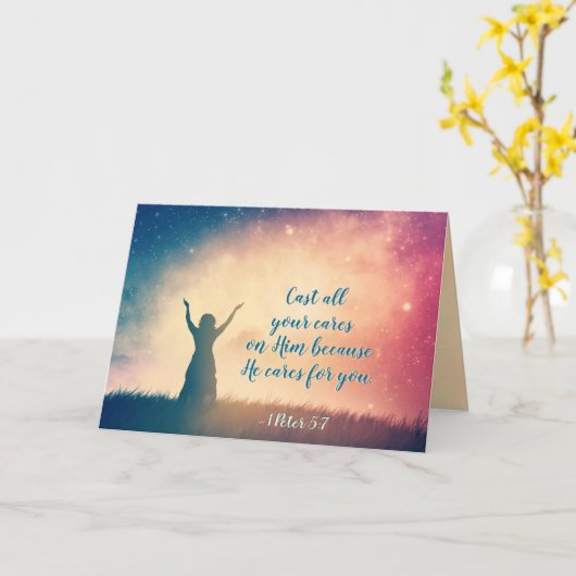 1 Peter 5:7あなたがたの気にすべてを彼に投げ付け聖なる書物、 経典 カード (黄色い花)