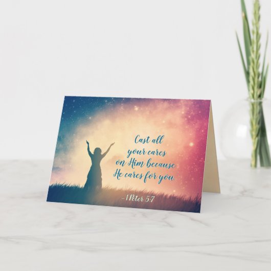 1 Peter 5:7あなたがたの気にすべてを彼に投げ付け聖なる書物、 経典 カード (正面)