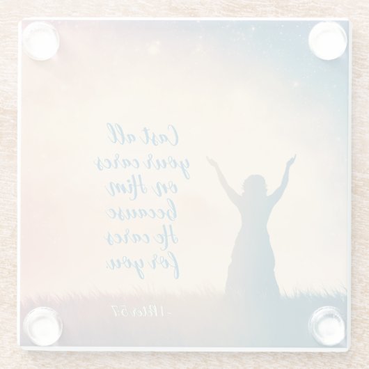 1 Peter 5:7あなたがたの気にすべてを彼に投げ付け聖なる書物、 経典 ガラスコースター (裏面)