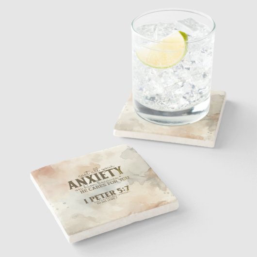 1 Peter 5:7あなたの不安を彼に投げ込む聖書の聖句 ストーンコースター (横)
