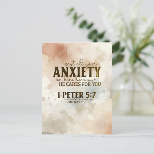 1 Peter 5:7あなたの不安を彼に投げ込む聖書の聖句 ポストカード (スタンド正面)