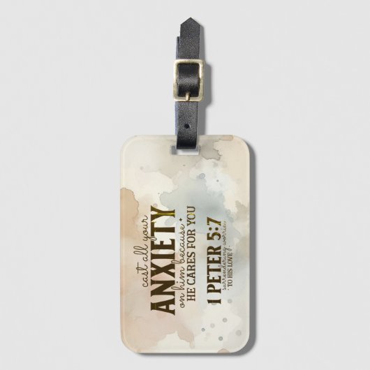 1 Peter 5:7あなたの不安を彼に投げ込む聖書の聖句 ラゲッジタグ (正面縦)