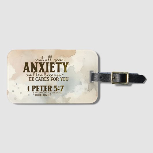 1 Peter 5:7あなたの不安を彼に投げ込む聖書の聖句 ラゲッジタグ (正面横)