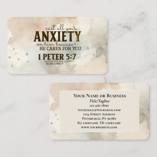 1 Peter 5:7あなたの不安を彼に投げ込む聖書の聖句 名刺 (正面/裏面)