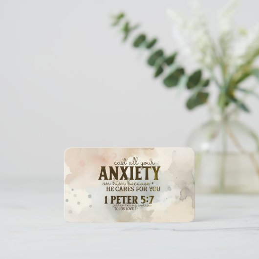 1 Peter 5:7あなたの不安を彼に投げ込む聖書の聖句 名刺 (スタンド正面)