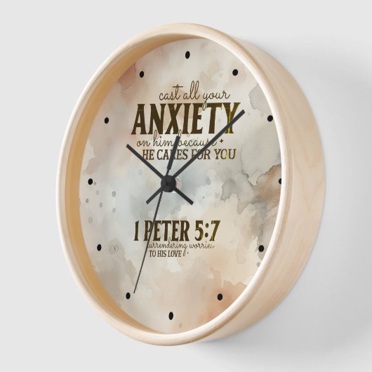 1 Peter 5:7あなたの不安を彼に投げ込む聖書の聖句 壁時計 (傾斜)