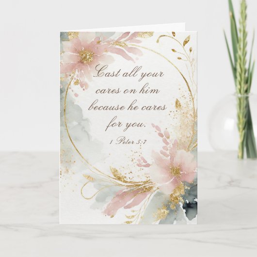 1 Peter 5:7あなたの全てを彼気にの聖句に投げなさい カード (正面)