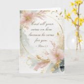 1 Peter 5:7あなたの全てを彼気にの聖句に投げなさい カード (黄色い花)