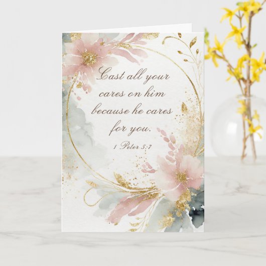 1 Peter 5:7あなたの全てを彼気にの聖句に投げなさい カード (黄色い花)