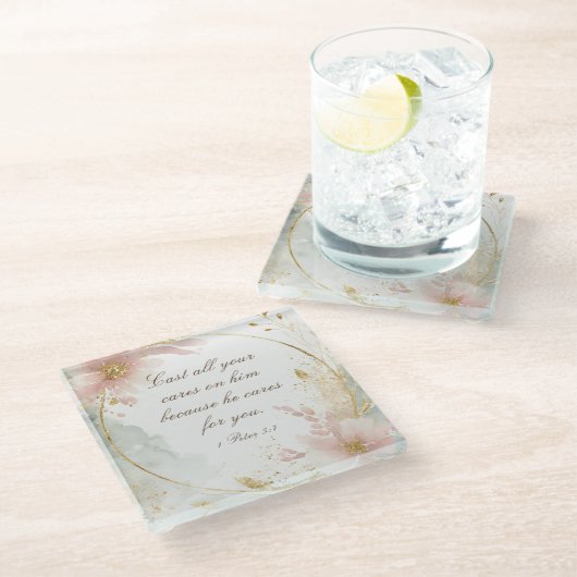 1 Peter 5:7あなたの全てを彼気にの聖句に投げなさい ガラスコースター (アングル)