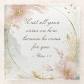 1 Peter 5:7あなたの全てを彼気にの聖句に投げなさい ガラスコースター (正面)