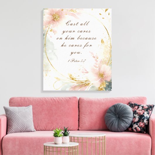 1 Peter 5:7あなたの全てを彼気にの聖句に投げなさい キャンバスプリント (インサイチュ (リビング))