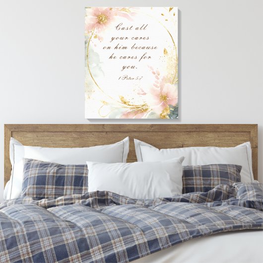 1 Peter 5:7あなたの全てを彼気にの聖句に投げなさい キャンバスプリント (インサイチュ (寝室))