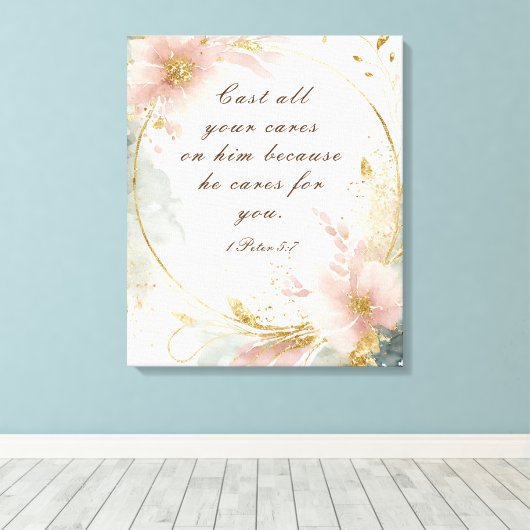 1 Peter 5:7あなたの全てを彼気にの聖句に投げなさい キャンバスプリント (インサイチュ (ウッドフロア))