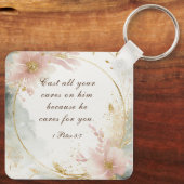 1 Peter 5:7あなたの全てを彼気にの聖句に投げなさい キーホルダー (裏面)